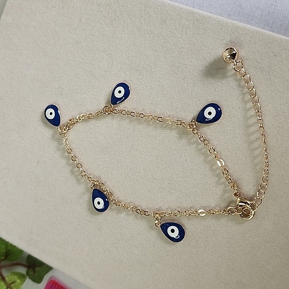 Boho Blue Evil Eye Teardrop Charm Ankle Bracelet Anklet Gold Filled New - Picture 1 of 5